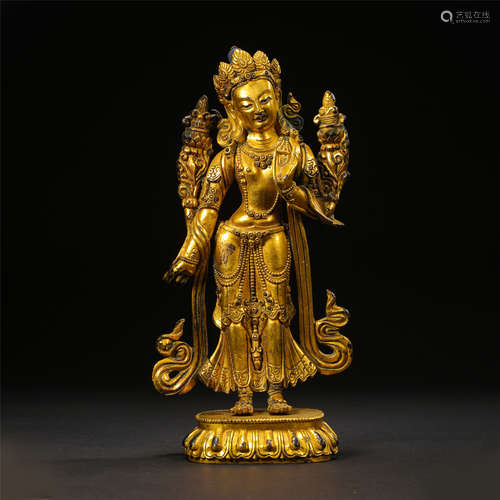 TIBETAN GILT BRONZE STANDING GUANYIN WITH LOTUS