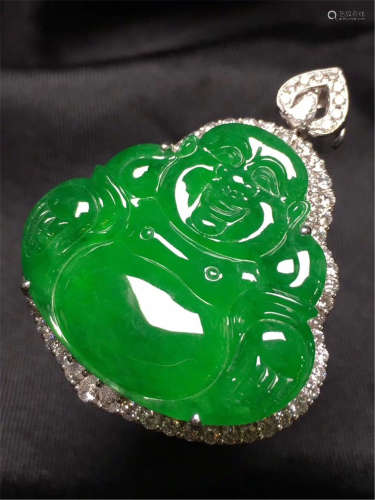 18K WHITE GOLD DIAMOND NATURAL JADEITE BUDDHA PENDANT