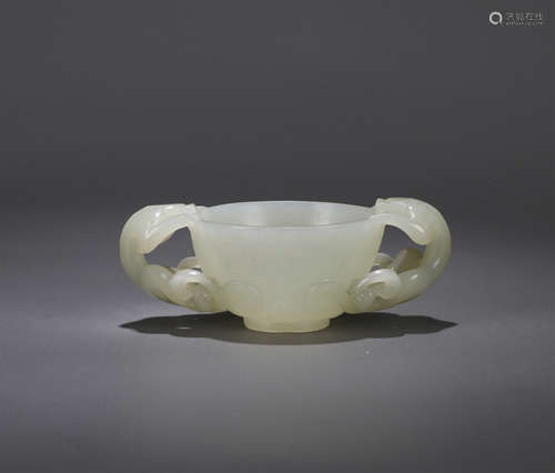 CHINESE CELADON JADE DRAGON HANDLE CUP