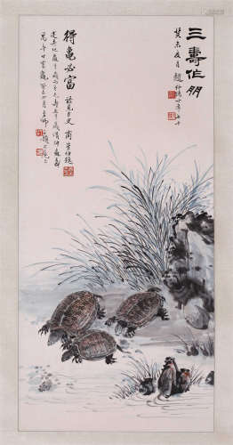 CHINESE SCROLL PAINTING OF TURTLE AND ORCHID