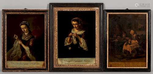 Three Mezzotint and Watercolor Domestic Scenes Mounted on Glass