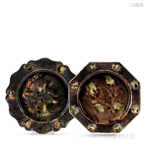 Two Staffordshire Press-molded Tortoiseshell-glazed Earthenware Plates