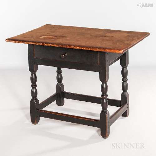 Early Black-painted Turned Tavern Table with Drawer