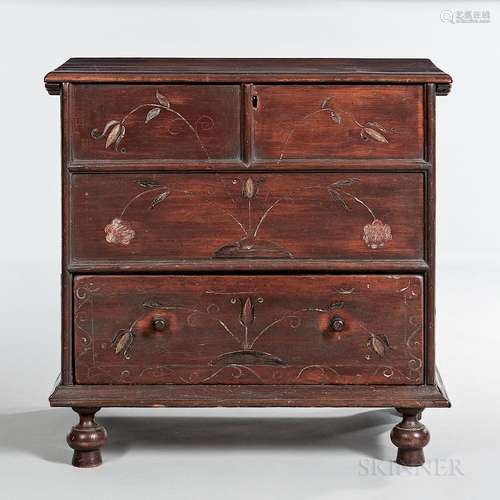 Early Red-painted Chest over Drawer