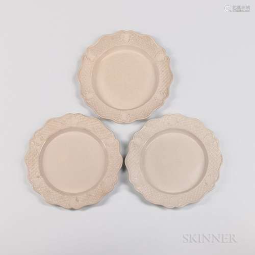 Three Staffordshire Press-molded Salt-glazed Plates