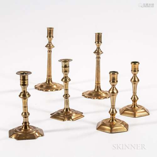 Three Near Pairs of Brass Candlesticks