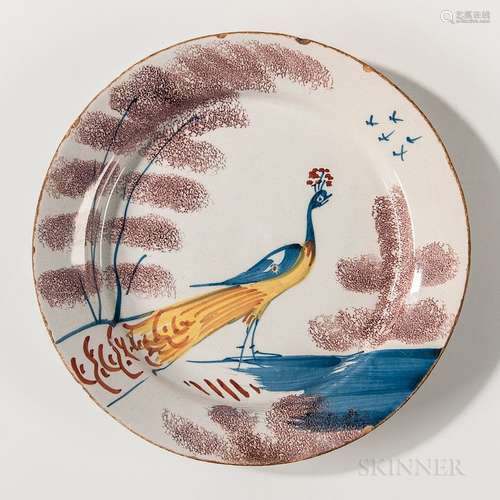 English Tin-glazed Earthenware Peacock-decorated Plate