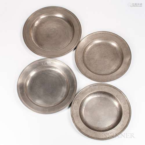 Four Early English Pewter Chargers