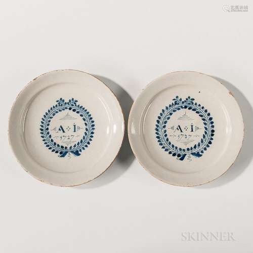 Pair of Dated English Tin-glazed Earthenware Marriage Plates