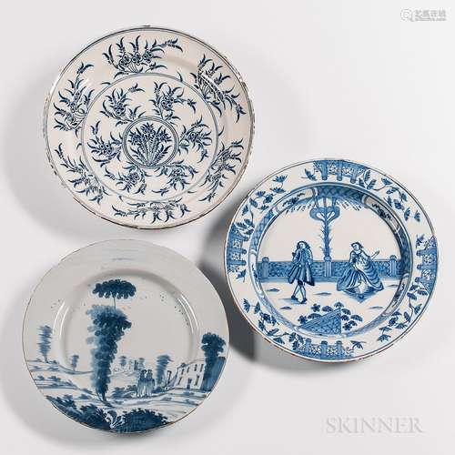 Three English Blue and White Tin-glazed Earthenware Chargers