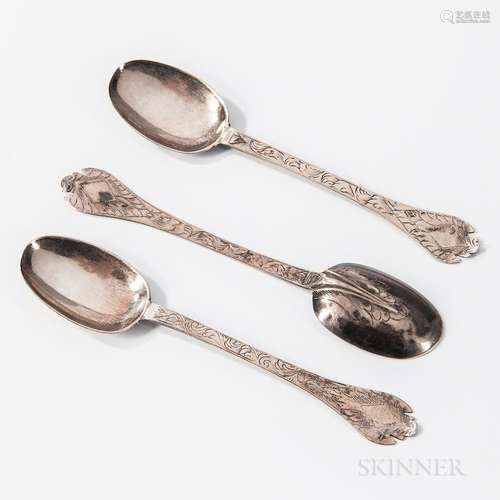 Three Early English Silver Trifid Teaspoons