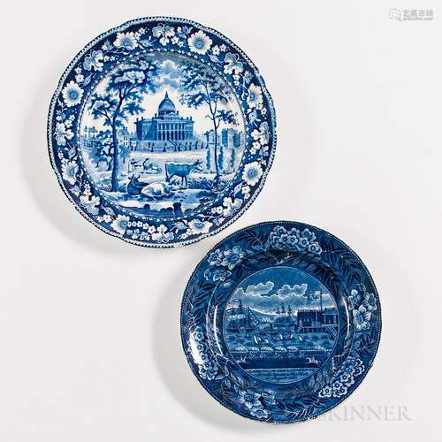 Staffordshire Historical Blue Transfer-printed Landing of Lafayette and Boston Statehouse Plates