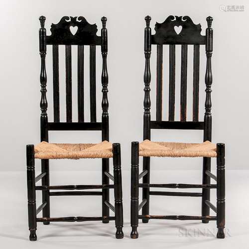 Pair of Black-painted Heart and Crown Bannister-back Chairs