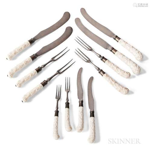 Twelve Porcelain-handled Knives and Forks