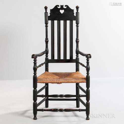 Early Black-painted Heart and Crown Armchair