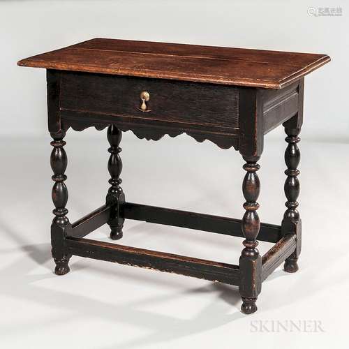 Early Black-painted Oak and Pine Tavern Table with Drawer