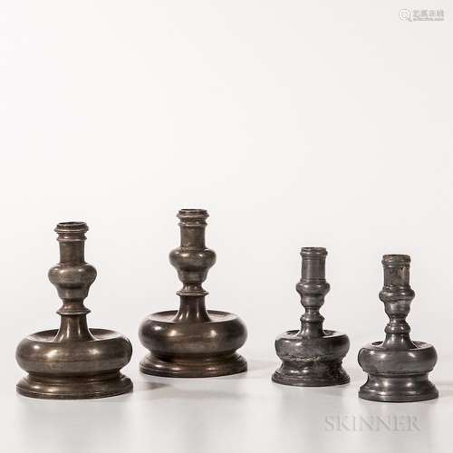 Two Pairs of Bun-base Pewter Candlesticks