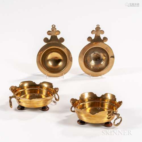 Two Brass Chafing Dishes and Strainer