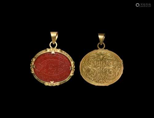 Persian Gold Pendant with Calligraphic Gemstone