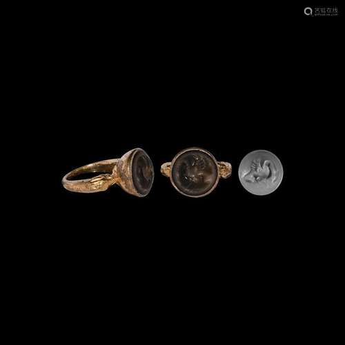 Post Medieval Silver Gilt Ring with Ibis Intaglio