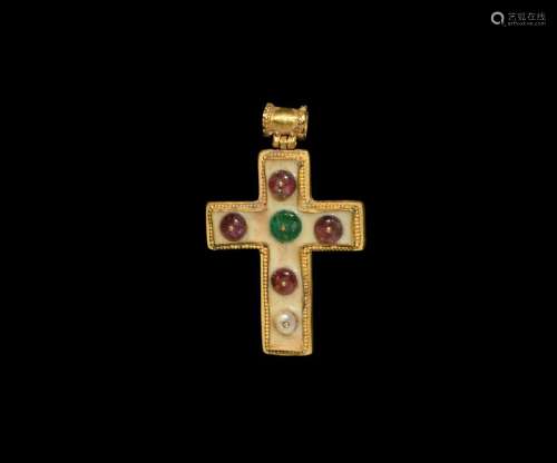 Gold Cross Pendant with Emerald and Rubies