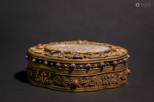 A Chinese Gold and Silver Inlaid Gilt Bronze Box with Cover
