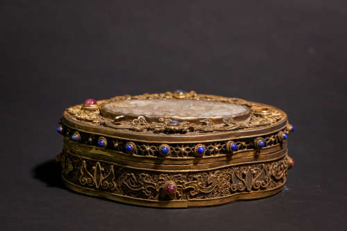 A Chinese Gold and Silver Inlaid Gilt Bronze Box with Cover