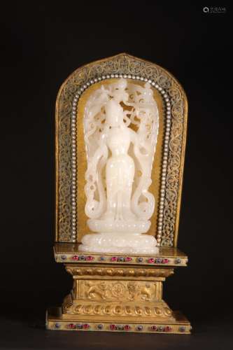 明代  铜鎏金座玉菩萨像