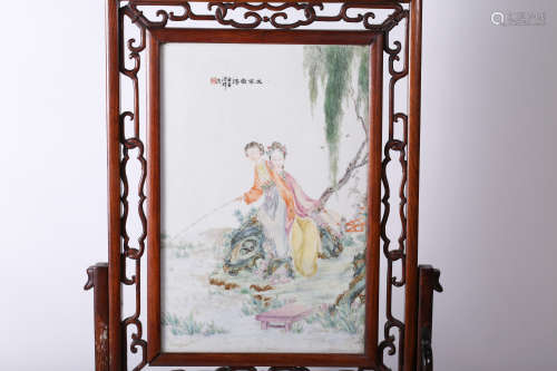 A Chinese Famille-Rose Porcelain Plaque with Hardwood Screen Frame