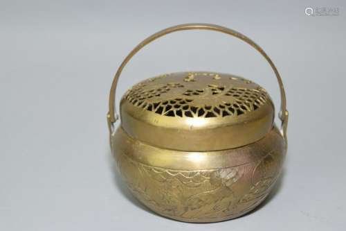 Chinese Bronze Relief Carved Hand Warmer, Xuande Mark