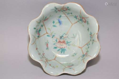 18-19th C. Chinese Pea Glaze Famille Rose Bowl