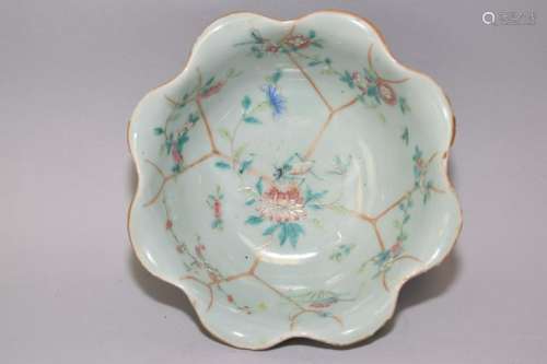 18-19th C. Chinese Pea Glaze Famille Rose Bowl