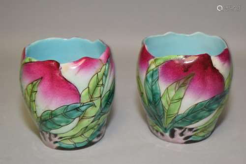 Pair of 19-20th C. Chinese Famille Rose Peach Brush