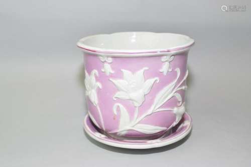 Chinese Pink Carved Porcelain Flower Pot