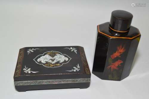 Chinese Lacquer Tea Caddy and Mother-of-Pear Box