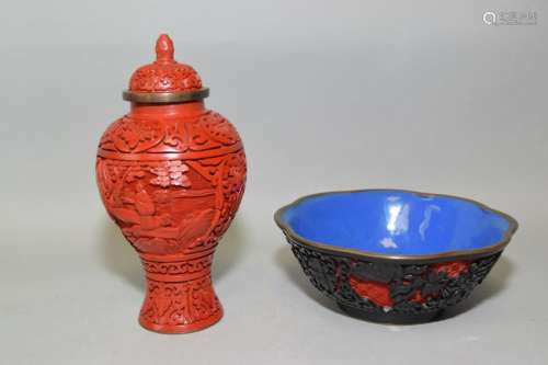 Chinese Cinnabar Carved Jar and Bowl
