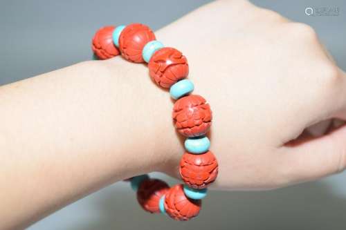 Chinese Cinnabar and Turquoise Bead Bracelet