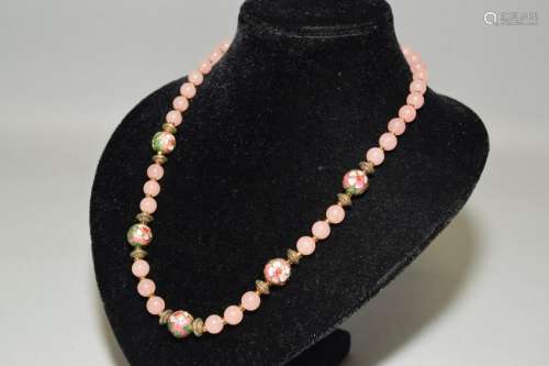 Chinese Rose Quartz and Painted Bead Necklace