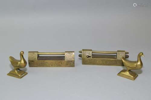 Pair of Chinese Bronze Locks and Goose Paperweight