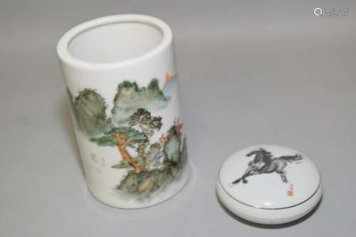 Chinese Famille Rose Brush Pot and Seal Ink Box