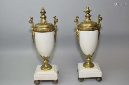 Pair of Gilt-Bronze Mounted Marble Vases on Base