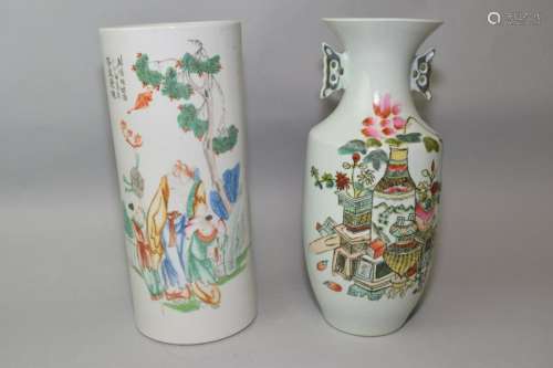 19-20th C. Chinese Famille Rose Vase and Hat Stand