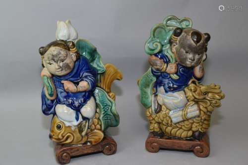 Pair of Chinese Glazed Pottery He He Deities