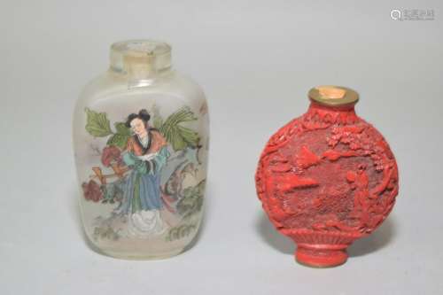 Chinese Reverse Painted and Cinnabar Snuff Bottles