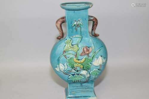 19th C. Chinese Peacock Blue Glaze Carved Vase