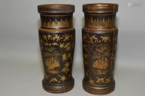 Pair of Qing Chinese Gold Painted Lacquer Vases