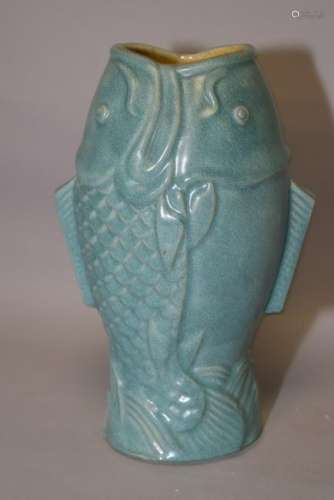 Chinese Robbin's Egg Glaze Fish Shape Flower Vase