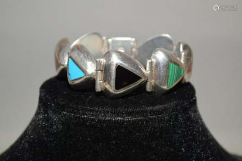 Mexican Precious Stone Inlay Sterling Silver Bracelet