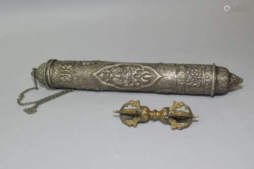 Tibetan White Copper Scepter and Scripture Holder