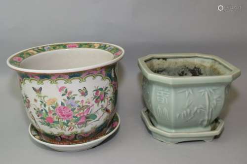 Two Chinese Porcelain Flower Pots with Plates